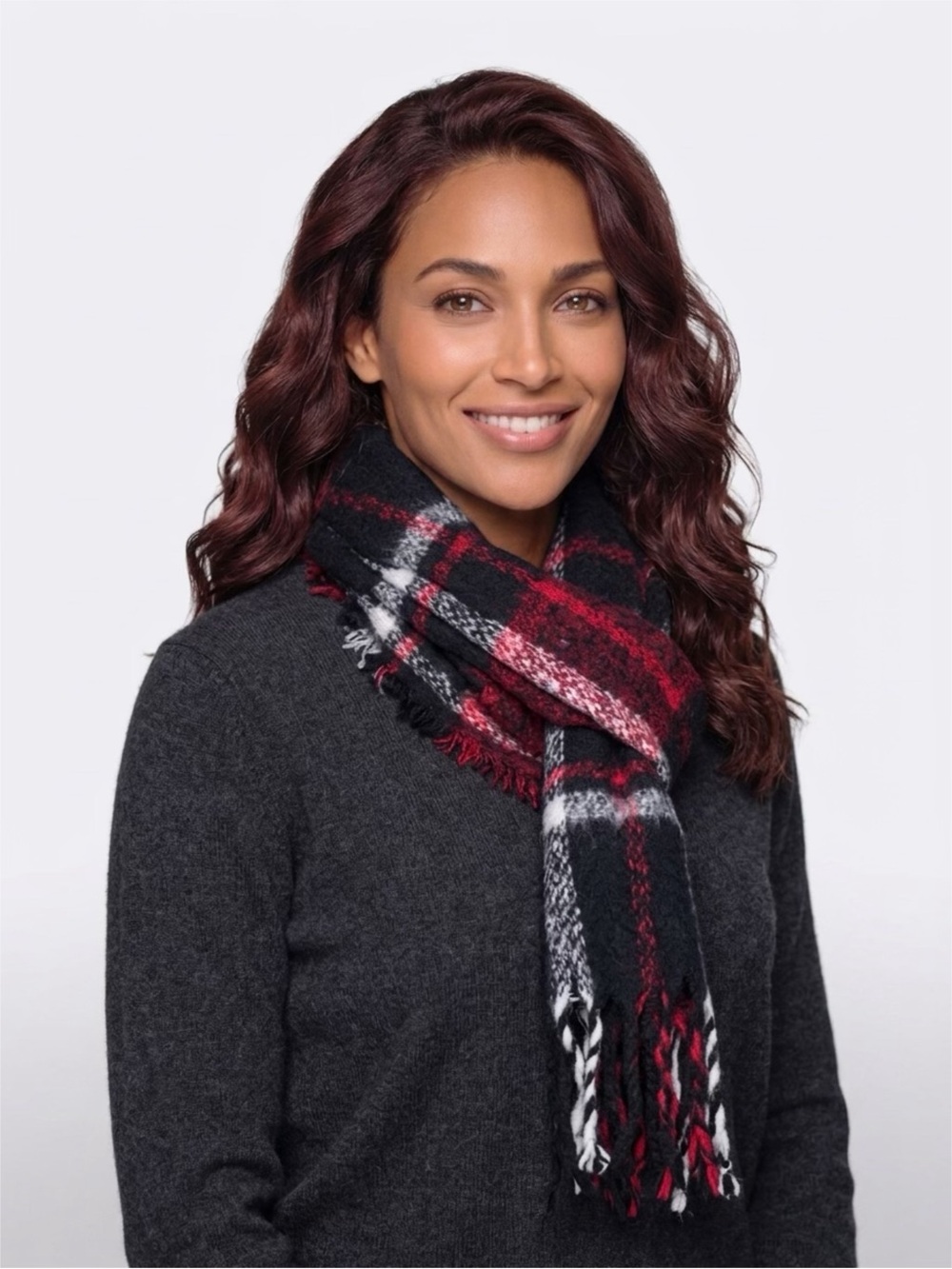 Plaid Fringed Winter Scarf - Red & Black